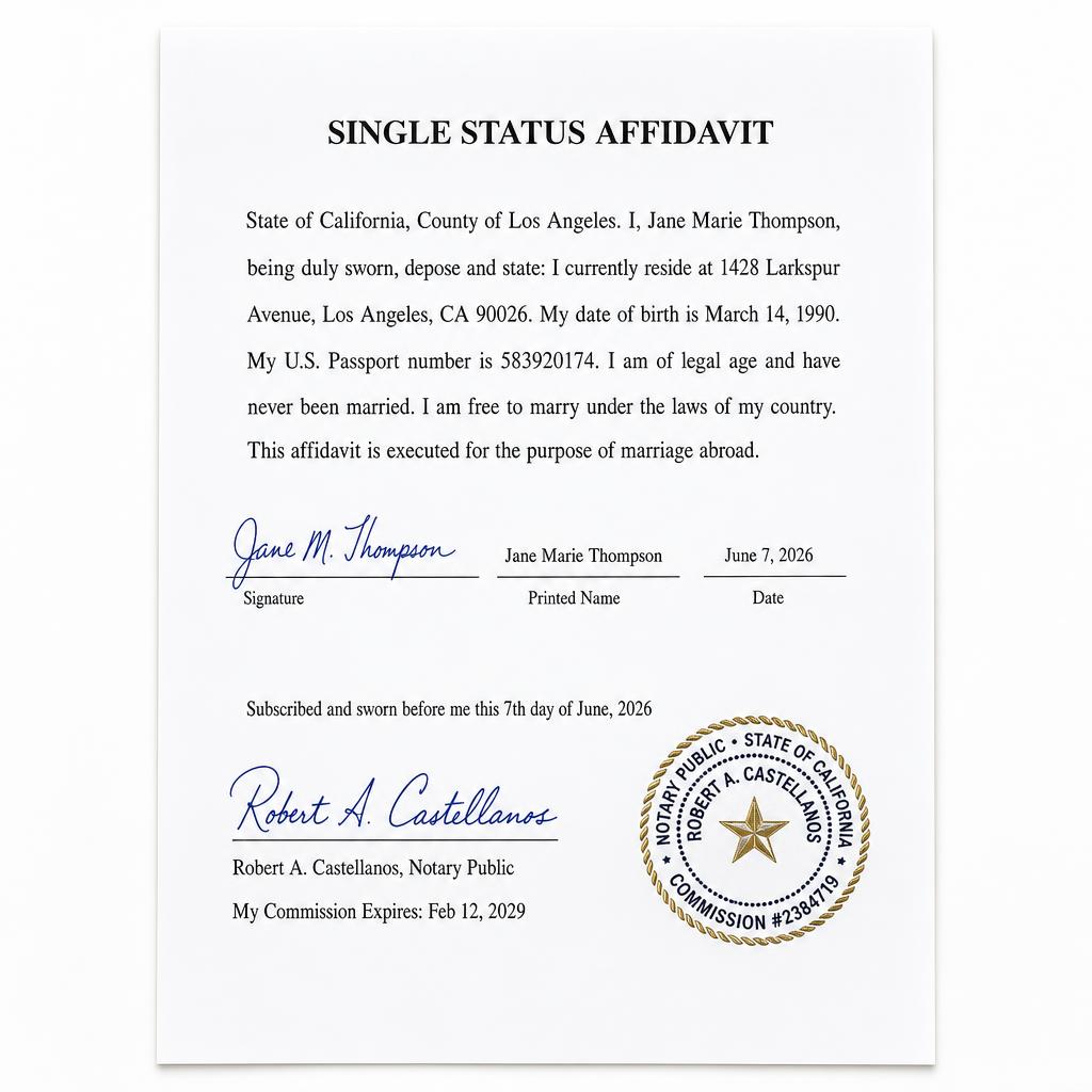 Completed and notarized Single Status Affidavit with notary seal and signature